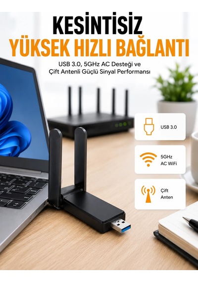 Mey İthalat Mbps Wifi Alıcı Kablosuz Wifi Adaptörü Çift Band Çift Antenli Yeni Nesil