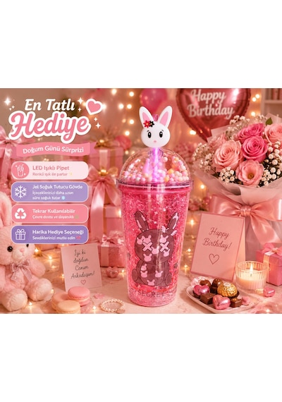 Çift Katlı İçecek Bardağı Led Işıklı Pipetli Kawaii Chibi Sevimli Tavşan Figürlü Suluk 450ml Kırmızı