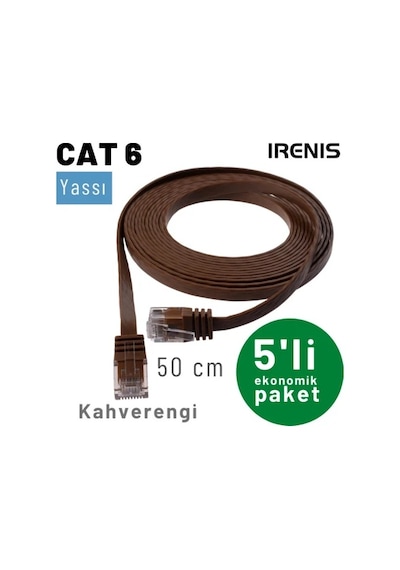 Irenıs 5 Adet 50 Cm Kahverengi Cat6 Kablo Yassı Ethernet Network Lan Ağ İnternet Kablosu