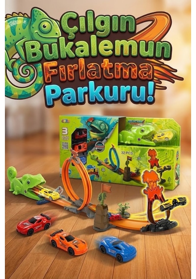 Çılgın Bukalemun Fırlatma Seti 32 Parça Yarış Pisti - 3 Adet Arabalı Fırlatıcı Oyuncak Araba Parkuru