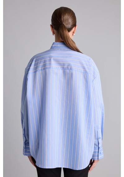 Defacto Oversize Kravat Yaka Çizgili Poplin Uzun Kollu Gömlek I7958ax26aube553 Mavi-be553