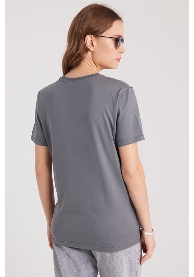 Tudors Kadın Slim Fit Dar Kesim %100 Pamuk Yumuşak Dokulu Gri Bisiklet Yaka Tişört-37849 Gri