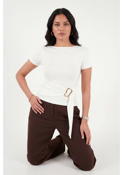 Lela Toka Detaylı Fitted Fit Kayık Yaka Bluz Bayan Bluz 5862707 Ekru