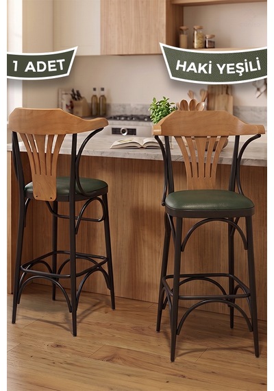 Wabex Serisi 1 Adet 66 Cm Suni Deri Kumaş Siyah Metal İskeletli Mutfak Bar Sandalyesi Haki Sandalye Siyah Ayak