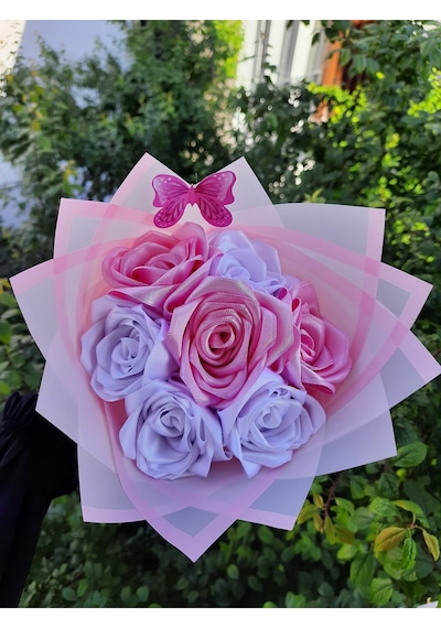 7 Li Solmayan Gül Buketi Pembe-beyaz Karışık Dışı Pembe Jelatin Pembe-beyaz