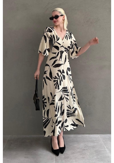 Madmext Ekru Desenli Yarım Kollu Elbise Mg2395 Ekru