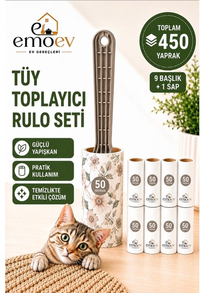 Tüy Toplayıcı Rulo Seti 9 Başlık / Toplam 450 Yaprak - Yüksek Yapışkanlı Kedi Köpek Tüyü, Koltuk Ve Kıyafet Temizleme Rulosu