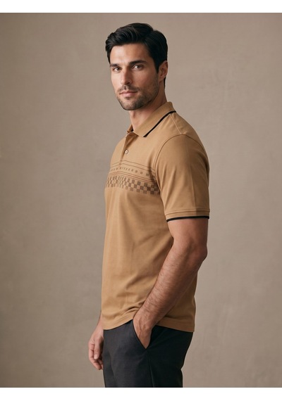 Maccali Erkek Camel Damalı Bantlı Polo Yaka Tişört