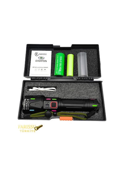Ultra Güçlü Beyaz Lazer Led El Feneri - 2 Km Menzilli & Powerbank Özellikli Çift Pil Setli Siyah