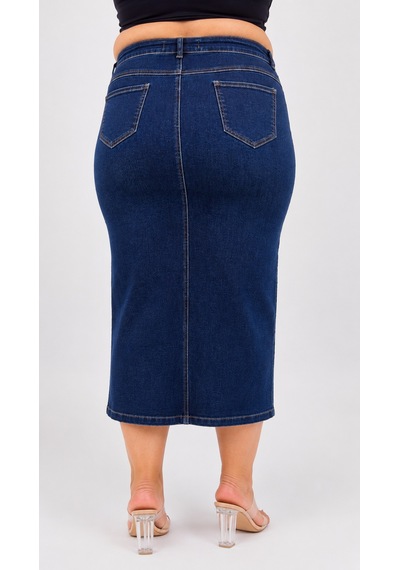 Büyük Beden Denim Taşlı Kalem Etek Lacivert