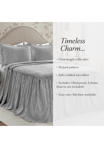 Yatak Örtüsü, Çizgili Desen, Eskitilmiş Şık Tarzı, Hafif, 3 Parçalı Set, Siyah Çok Renkli