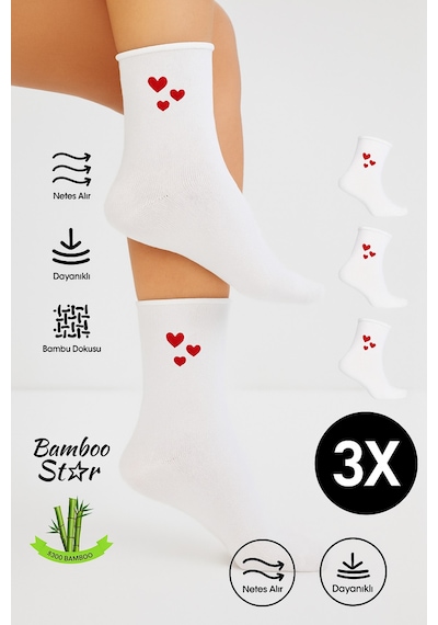 Bamboo Star Bambu Kadın Lastiksiz Beyaz Soket Dikişsiz Kalp Desenli Çorap 3'lü Paket Sıkmayan Çorap/ İz Bırakmaz