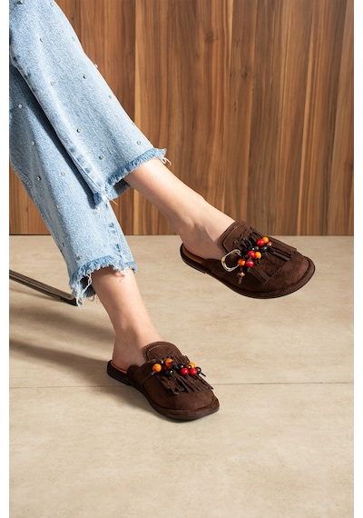 Duxal Shoes Hazel Kadın Süet Püsküllü Boncuklu Tokalı Terlik Mulo Acıkahve
