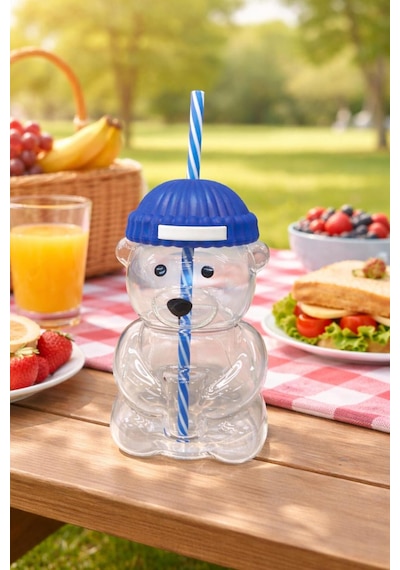 Bearista Ayıcık Pipetli Borosilikat Bardak 580 Ml Lacivert Buzlu Kahve Modeli Lacivert