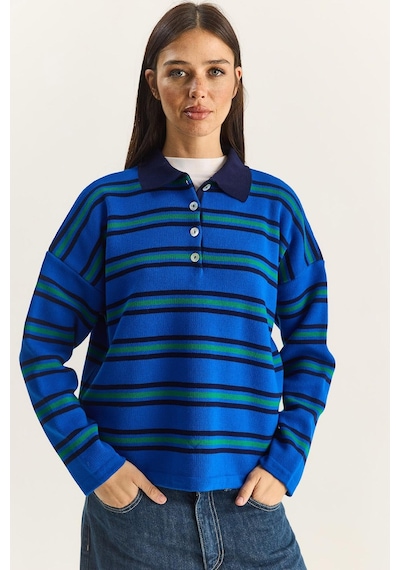 Shade Polo Yaka Çizgili Basic Triko Kazak 20258061 - Saks