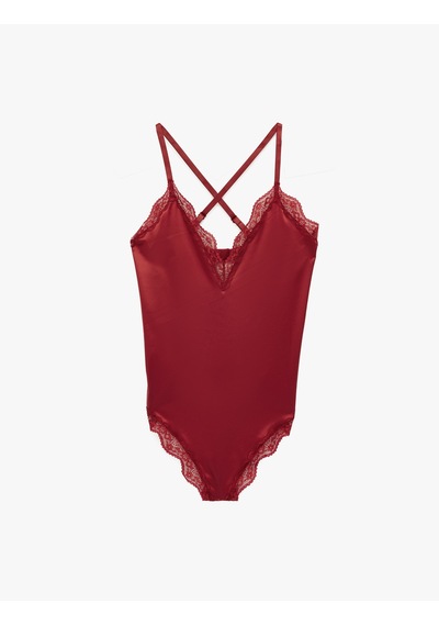 Koton V Yaka Askılı Dantel Detaylı Saten Bodysuit Kırmızı 6wlk00006mk Kırmızı