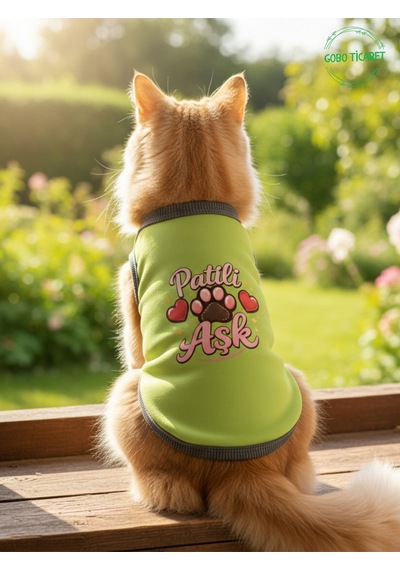 Yeşil Renkli Patili Aşk Baskılı Kedi Ve Köpek Kıyafeti Tişörtü Elbisesi Small/s/beden 1