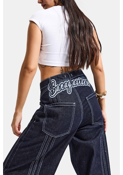 Itsbasic Kadın İndigo Selvedge 7s6-50 Süper Baggy Fit Nakışlı Tasarım Denim Jean