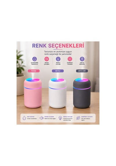 Ultrasonik Hava Nemlendirici Renkli Led Işıklı Usb Mini Masaüstü Buhar Makinesi-gri