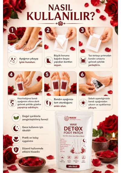Waw Detox Foot Patch 10 Adet Gül Özlü Gece Ayak Bakım Bandı