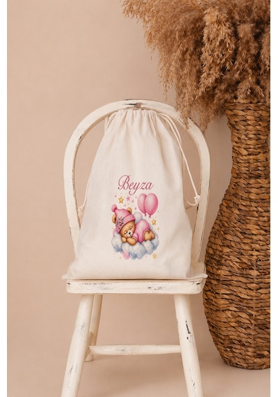 İsme Özel Kız Bebek Çocuk Kıyafet Kesesi 30x40 Cm %100 Pamuk Ham Bez İsim Baskılı Yıkanabilir Kişiye Özel Kese 1032kk Ekru