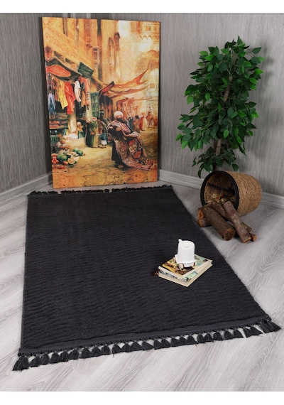 My Evilla Modern Dekoratif Örgü Saçaklı Simirna Peluş Halı Yolluk Antrasit