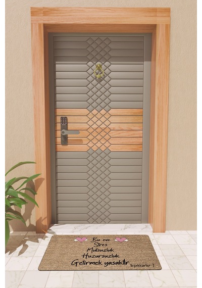 Rugmood Modern Dijtal Baskı Kahverengi Bu Eve Stres Mutsuzluk Yasak Kapı Önü Paspası