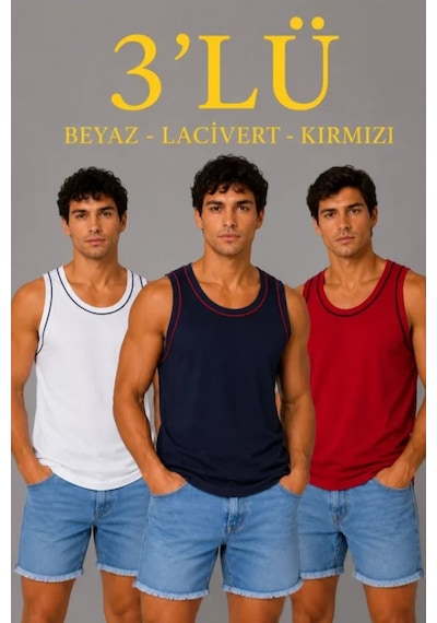 Efnaz Style Erkek 3 Lü Kolsuz Sporcu Atlet Seti Yazlık Bisiklet Yakalı - Lacivert, Kırmızı, Beyaz Çok Renkli