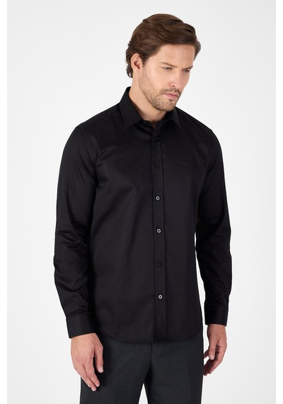 İmza Siyah Sert Yaka Düz Classic %100 Pamuk Slim Fit Gömlek 1004250324 Siyah