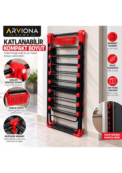 Arvıona 190 Cm Kanatlı Çamaşır Kurutmalığı Mandal Sepetli Metal Kırmızı - Siyah