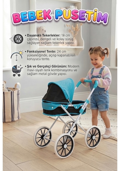 Havalı Pusetim Katlanabilir Büyük Tekerlekli Metal 64cm Ayarlanabilir Tenteli Oyuncak Puset