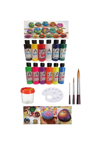 Taş Boyama Seti 6 Ana Renk 6 Neon Renk Set 1 Paket