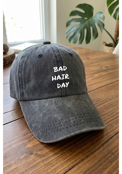 Emybox Bad Hair Day Yazılı Yıkamalı Unisex Şapka - Eskitme Metal Tokalı Ayarlanabilir Baskılı Beyzbol Şapka Siyah