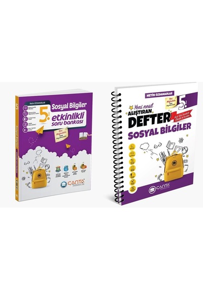 Çanta 2025 5. Sınıf Sosyal Bilgiler Etkinlikli Kazanım Soru Bankası + Defter Seti 2 Kitap