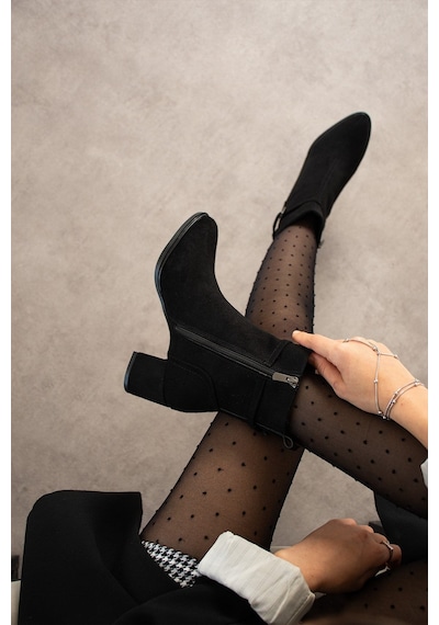 Dabab Shoes Lunara Kadın Siyah Süet Tokalı Topuklu Kısa Konç Bot Bootie