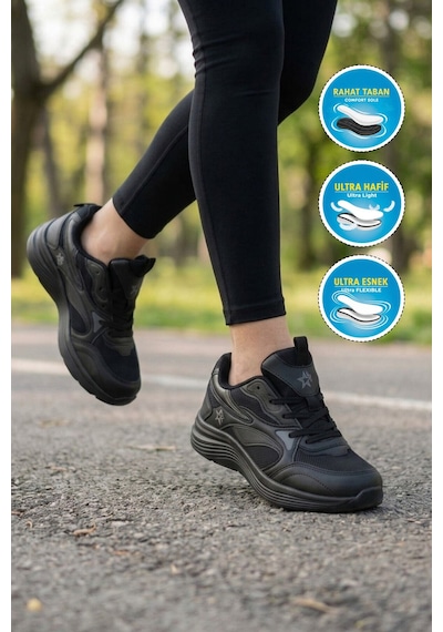Walkway Siyah Fileli Bağcıklı Nefes Alan Rahat Tabanlı Unisex Yürüyüş Ve Spor Ayakkabı 26106 G