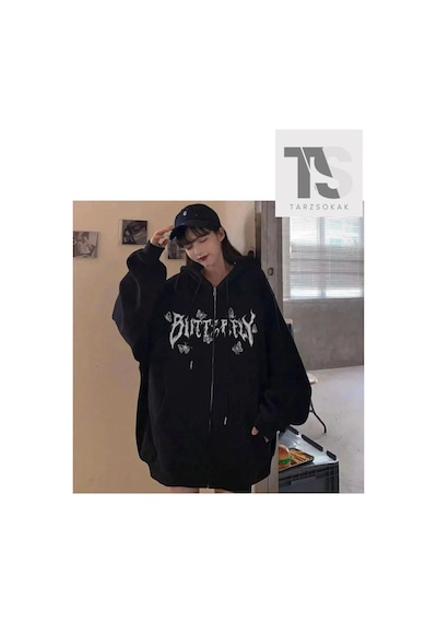 Tarzsokak Butterfly Yazılı Figürlü Sweatshirt Fermuarlı Hırka Siyah