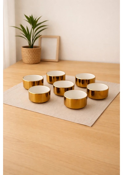 6 Lı Beyaz Porselen Platin Kaplama Sosluk Lokumluk Sunum Kasesi Mini Boy Gold
