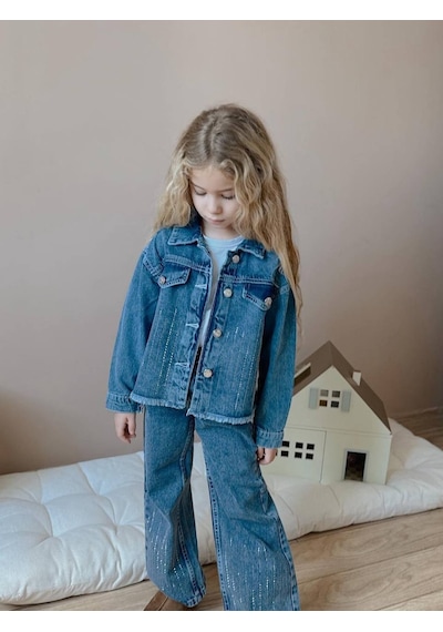 Miniko Kids Kız Çocuk Kot Ceketli Kot Pantolonlu Taşlı Takım Mavi