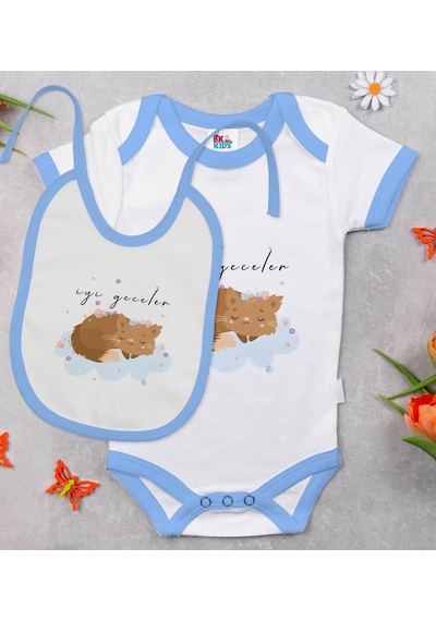 Bk Kids Sevimli Ayı Tasarımlı Mavi Bebek Body Zıbın Ve Mama Önlüğ Çok Renkli