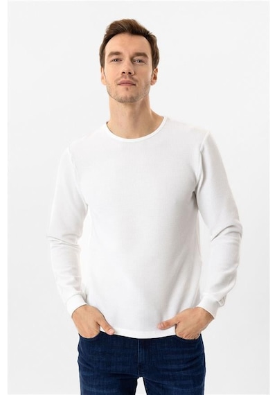 Süvari Beyaz Slim Armürlü Bisiklet Yaka Sweatshirt Beyaz