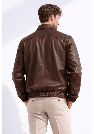 Freemen Erkek Beli Lastikli İç Cepli Suni Deri Bomber Oversize Ceket-389 Kahverengi