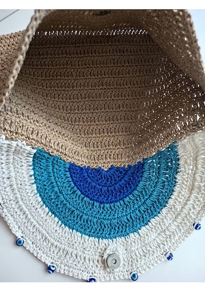 Elmundo Butik Kağıt İp El Yapımı Nazar Boncuğu Clutch Çanta Bej - Mavi -beyaz