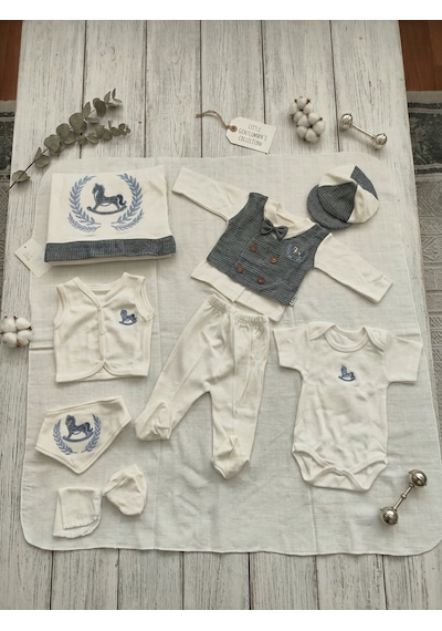 Baby Zuhu %100 Pamuk Atlı 10'lu Erkek Bebek Hastane Çıkışı Seti 0-3 Ay Beyaz
