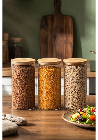 Porsima 2-3 Bambu Vakumlu Kapaklı Yuvarlak Borosilikat Cam 3lü Kavanoz Seti Saklama Kabı 1300ml 10x20cm
