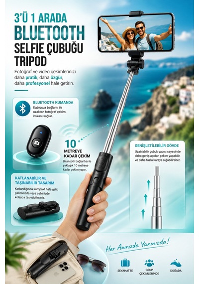 Concord 3'ü 1 Arada Bluetooth Selfie Çubuğu Tripod Kumandalı Telefon Tutucu Monopod 360 Döner Siyah
