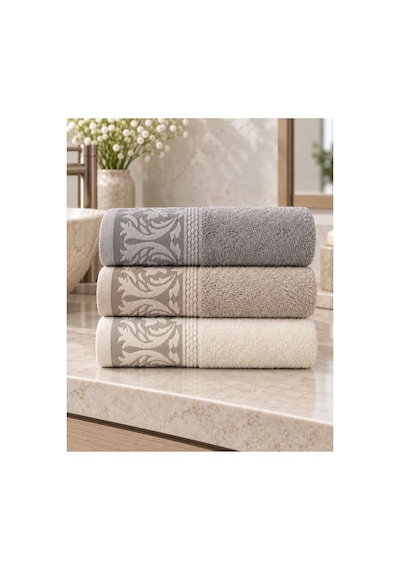 Sarmaşık Desenli Havlu 50x90 Cm 3 Lü Set %100 Pamuk - Silver Sand Çok Renkli