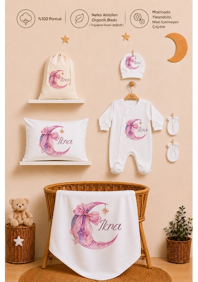 Pia Baby Kız Bebek %100 Pamuk Hediye Seti 6 Lı İsimli Keseli Tulum Şapka Eldiven Battaniye Ve Yastık Kılıfı 1068tybk3x Krem