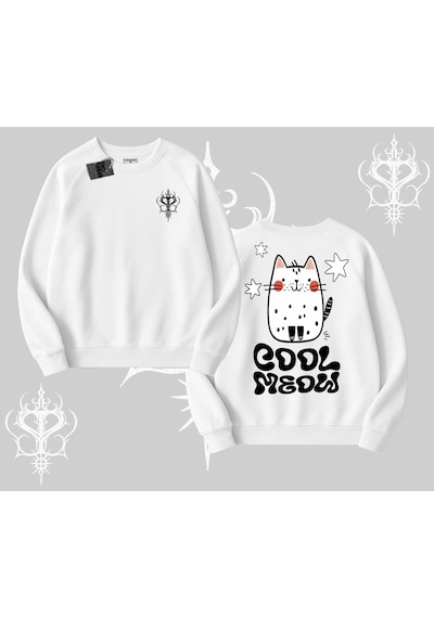 Startmore Cool Meow Yazılı Sevimli Kedi Arka Baskılı Biskilet Sweatshirt Beyaz