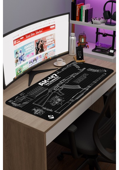 Ak 47 Siyah Kalaşnikov Cs Dikişli Kauçuk Oyuncu Mousepad - 90x40 Gaming Mouse Pad Ak-47